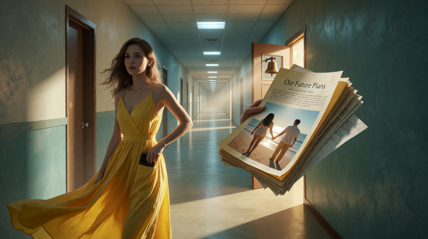 Endless hallway rush in a sundress to a phantom coffee shop