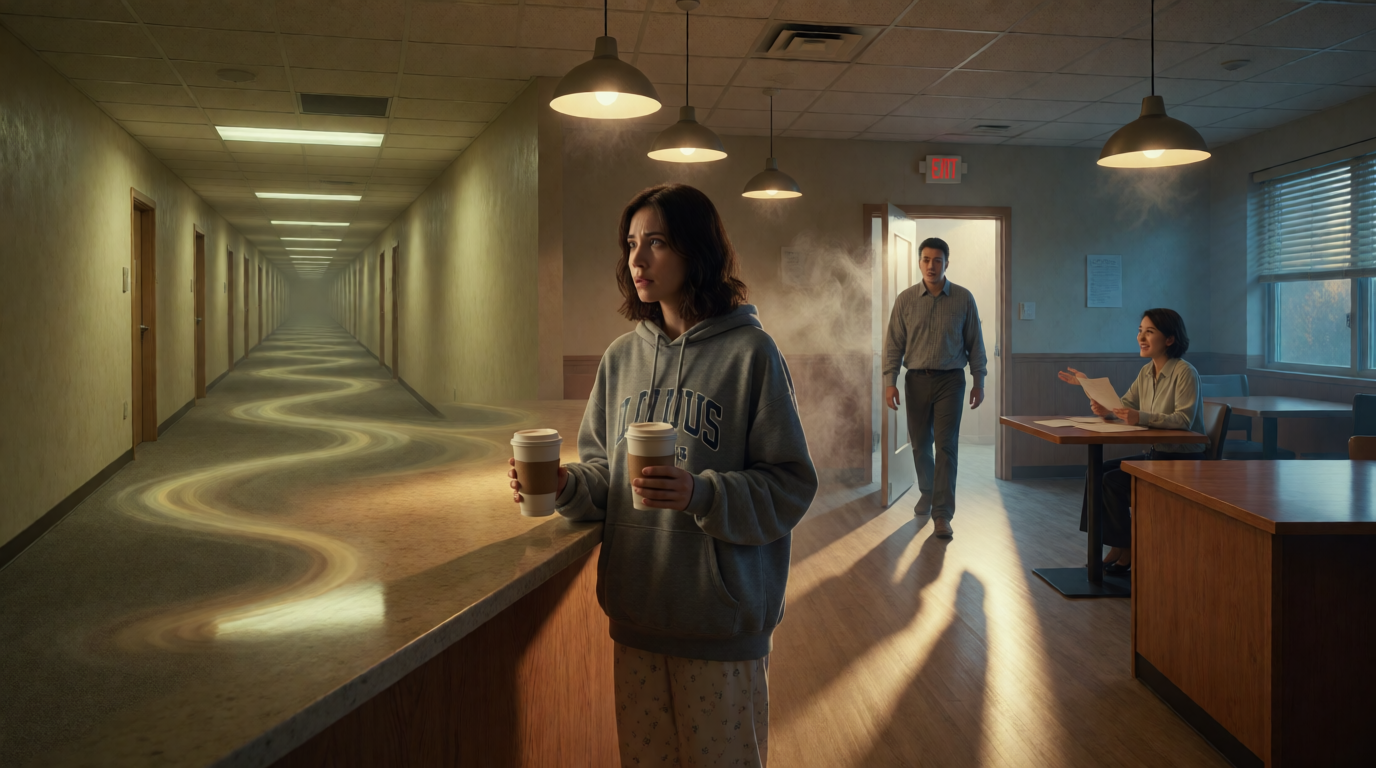 Endless hallway leads to a coffee shop betrayal