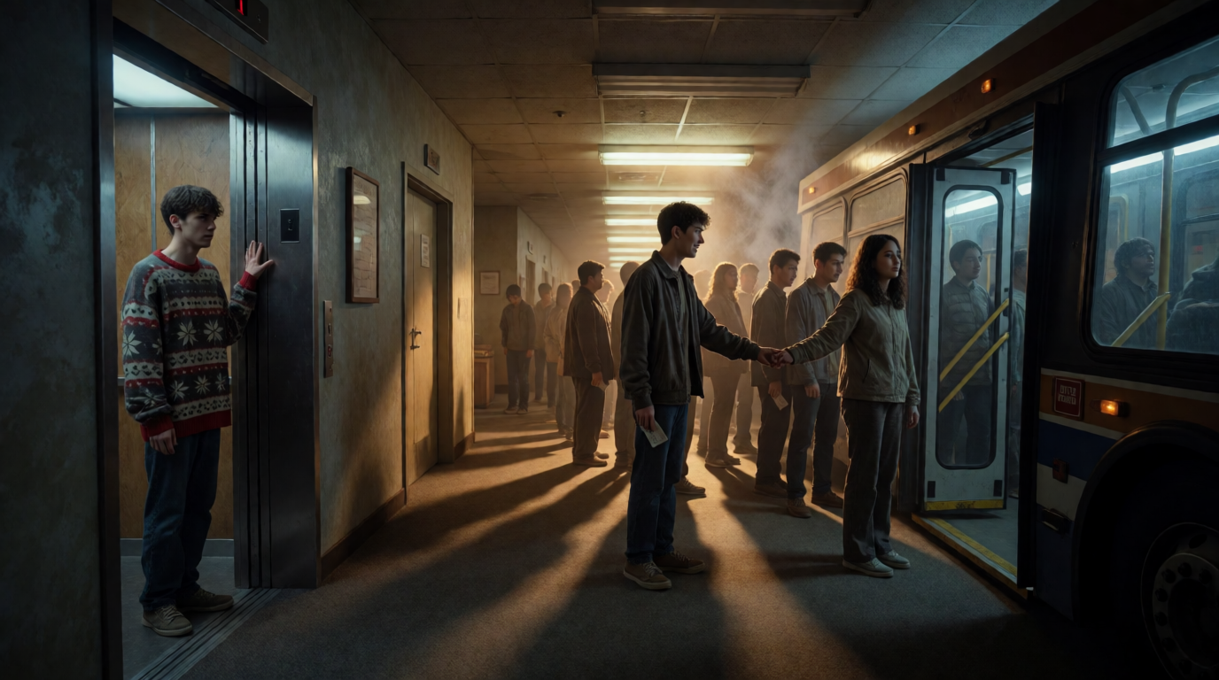 Rushing Through the Elevator to a Coffee‑Shop Hallway