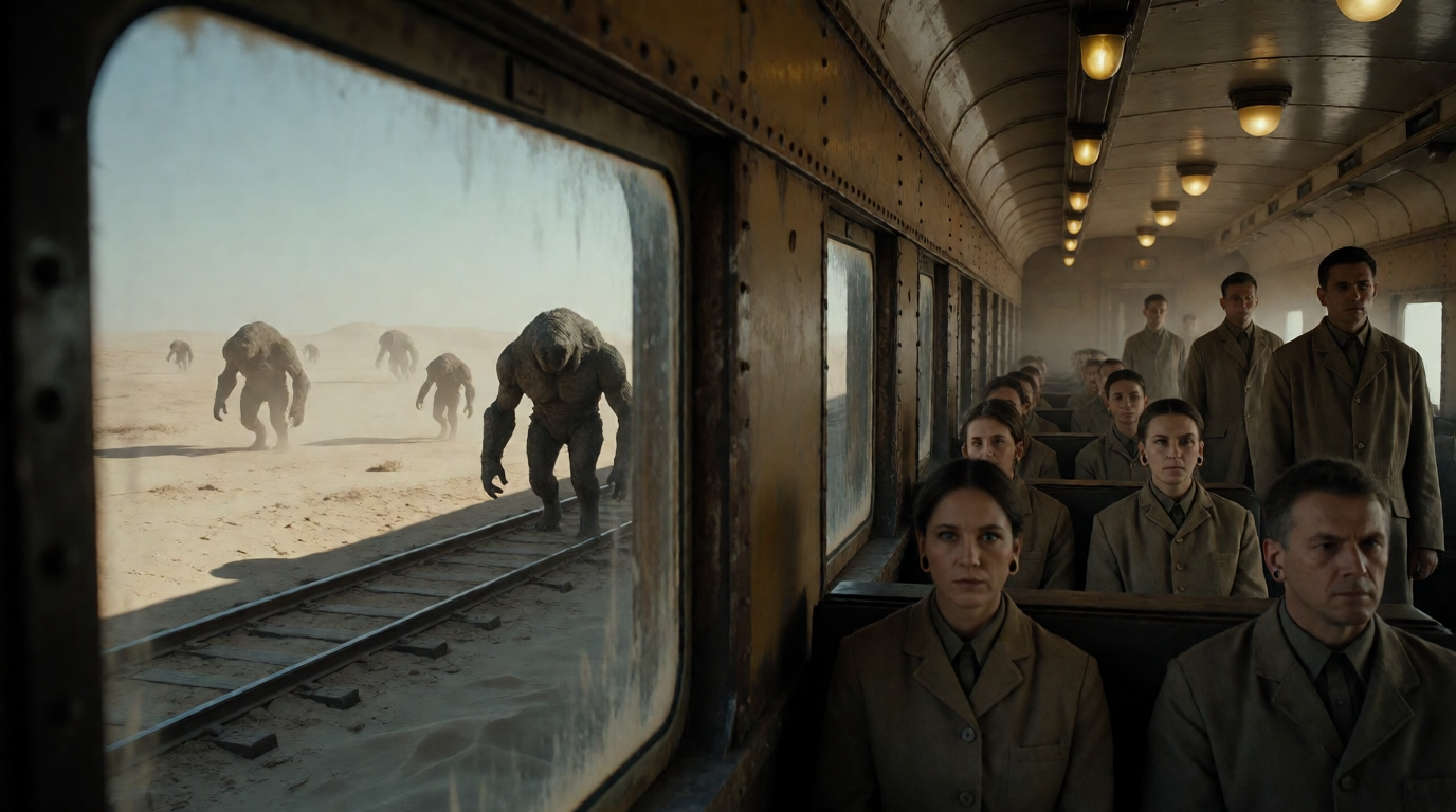 Monsters Outside the Train in Barren Desert