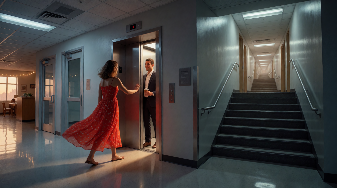 Chasing the Elevator in a Red Sundress