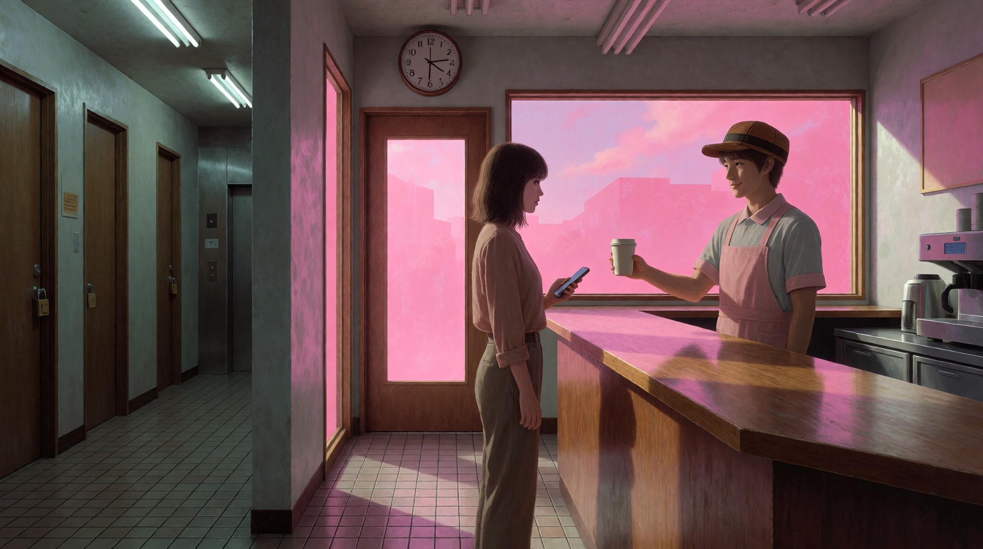 Racing to the Elevator, Stuck in a Pink‑Sky Coffee Shop