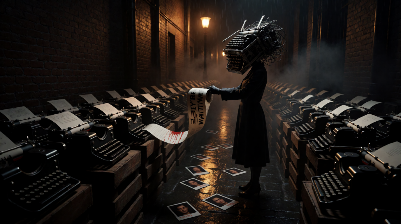 Typewriter Woman in Dimly Lit Alleyway