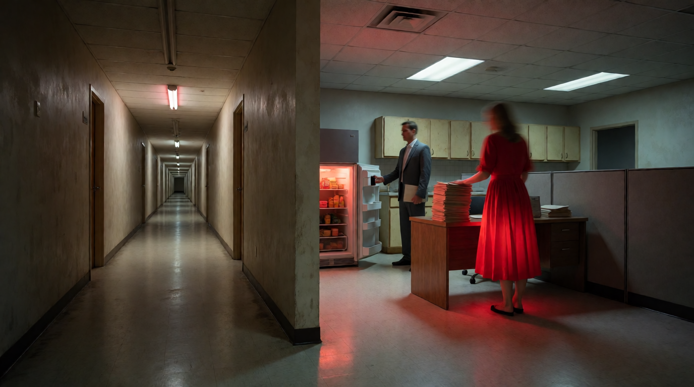 Endless hallway leads to a red dress at work morning