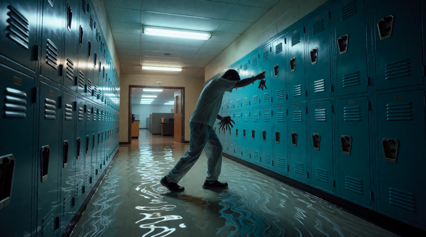 Teal Lockers and Water Shoes in the Hallway