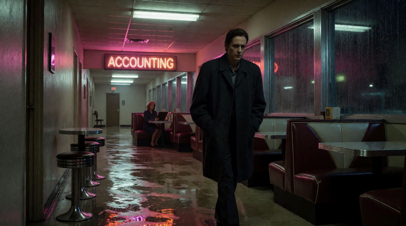 Wet Pavement and a Buzzing Neon ACCOUNTING Sign