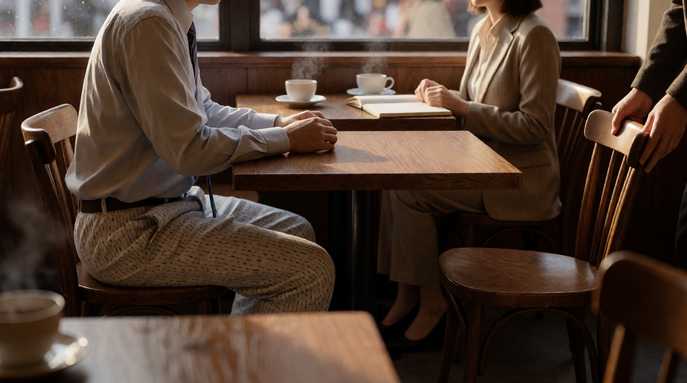 Stuck in Pajamas at Coffee Shop Meeting